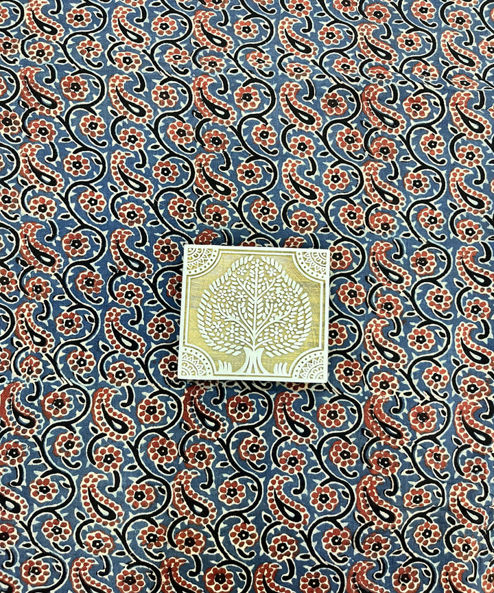 Red blue ajrakh hand block printed cotton fabric