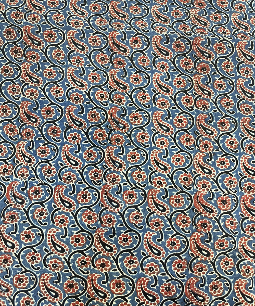 Red blue ajrakh hand block printed cotton fabric