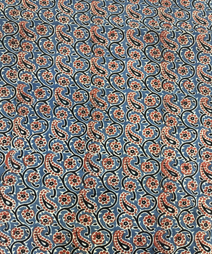 Red blue ajrakh hand block printed cotton fabric