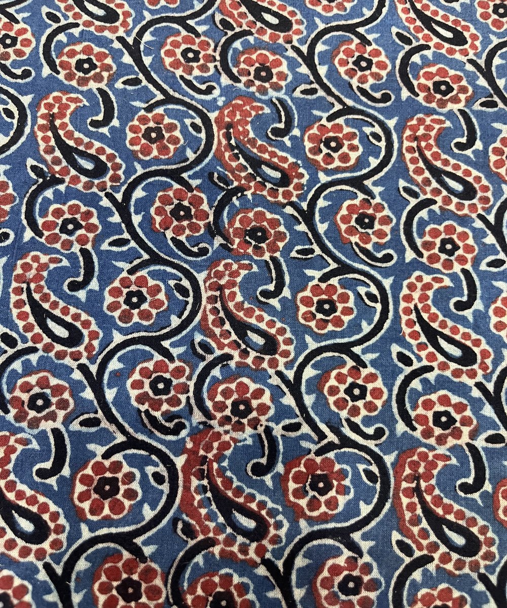 Red blue ajrakh hand block printed cotton fabric