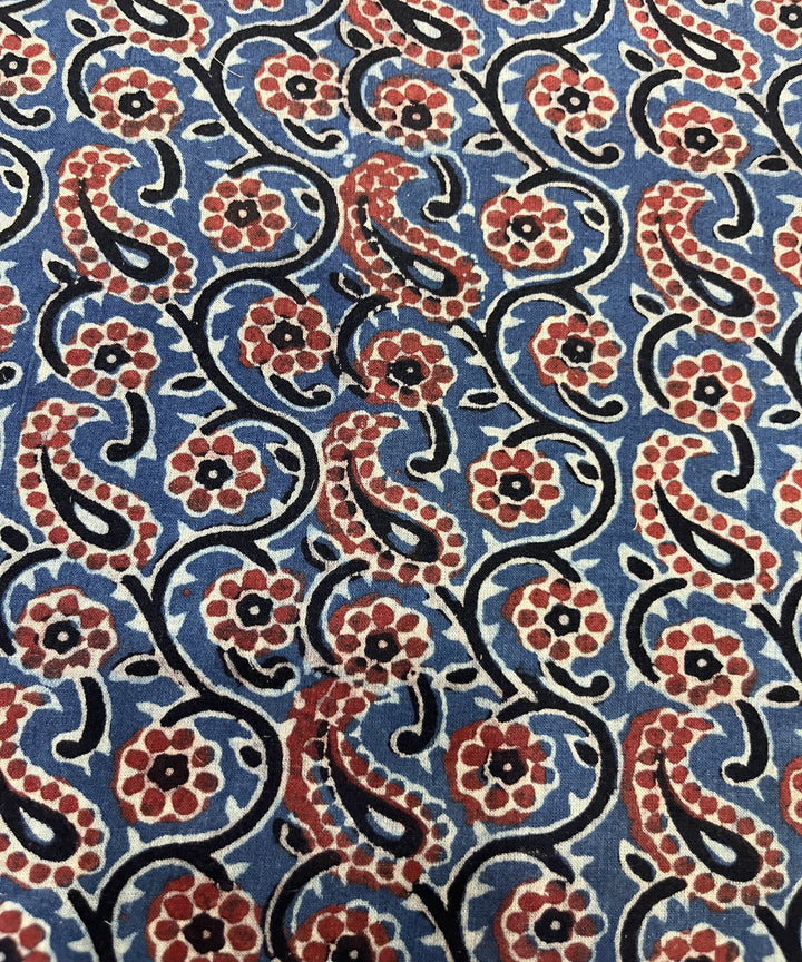 Red blue ajrakh hand block printed cotton fabric