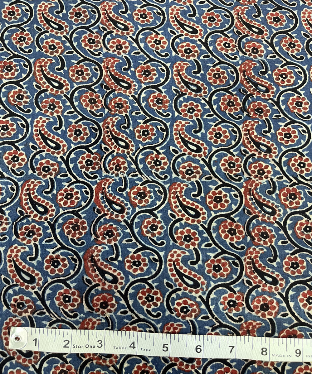 Red blue ajrakh hand block printed cotton fabric