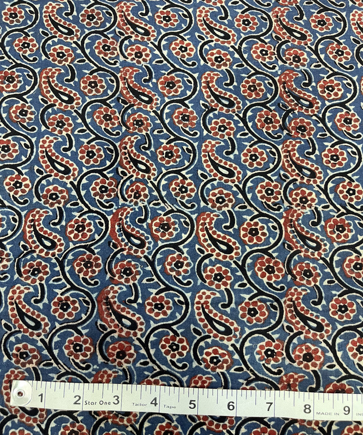Red blue ajrakh hand block printed cotton fabric