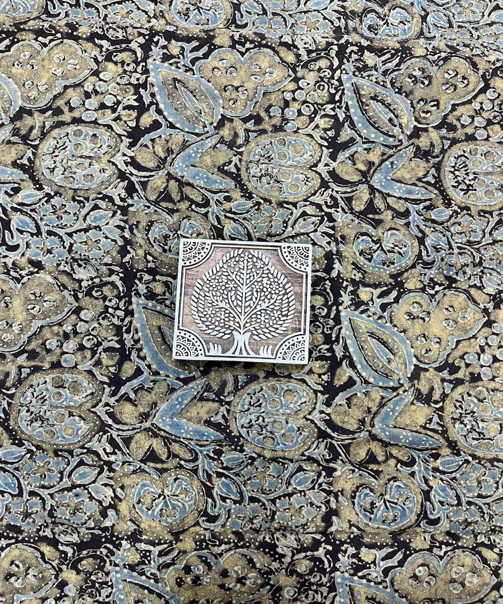 Black beige kalamkari ajrakh hand block printed cotton fabric