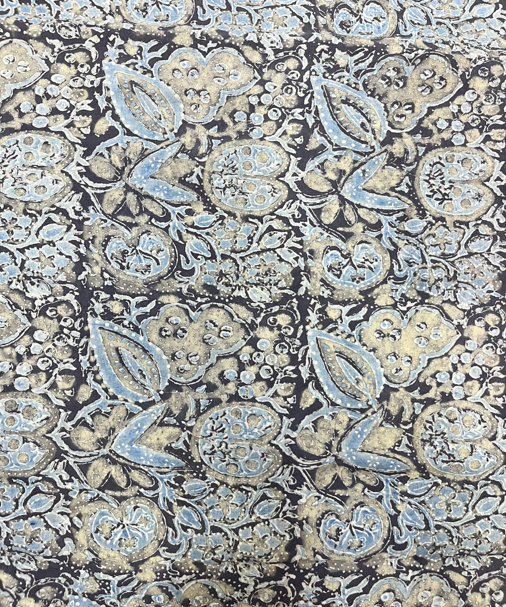 Black beige kalamkari ajrakh hand block printed cotton fabric