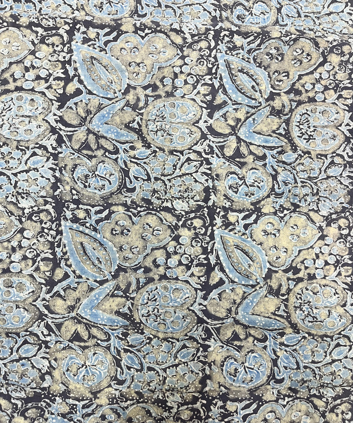 Black beige kalamkari ajrakh hand block printed cotton fabric