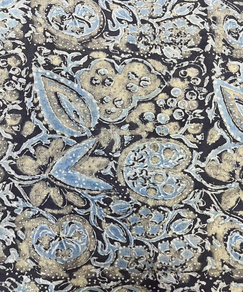 Black beige kalamkari ajrakh hand block printed cotton fabric