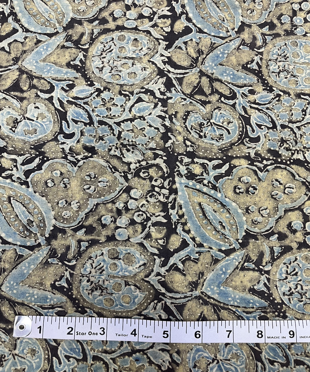 Black beige kalamkari ajrakh hand block printed cotton fabric
