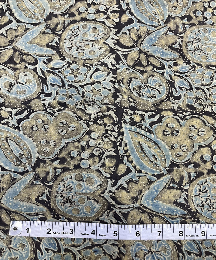 Black beige kalamkari ajrakh hand block printed cotton fabric
