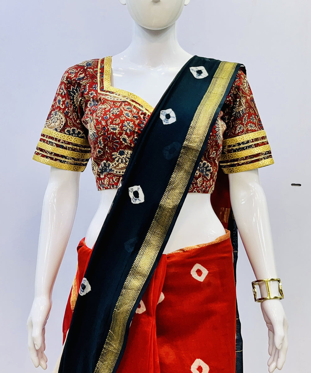 Red yellow kalamkari handblock printed cotton blouse