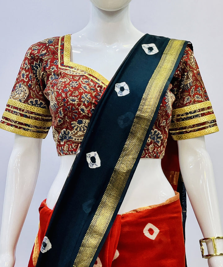 Red yellow kalamkari handblock printed cotton blouse