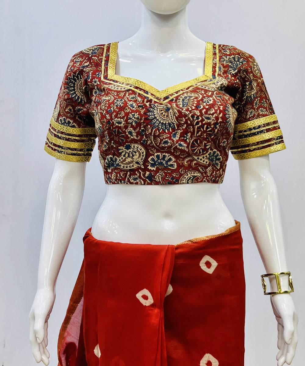 Red yellow kalamkari handblock printed cotton blouse