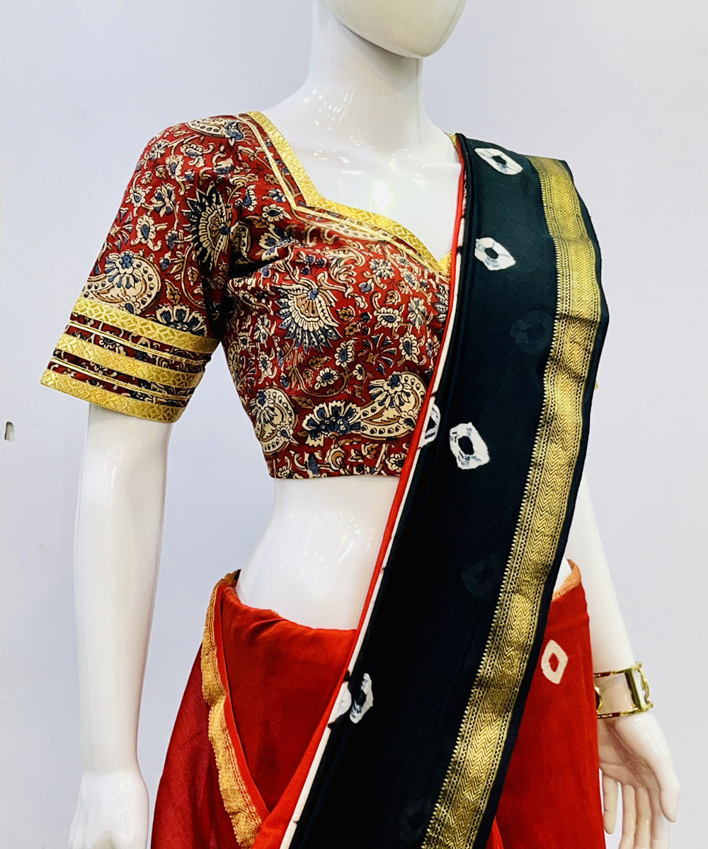 Red yellow kalamkari handblock printed cotton blouse