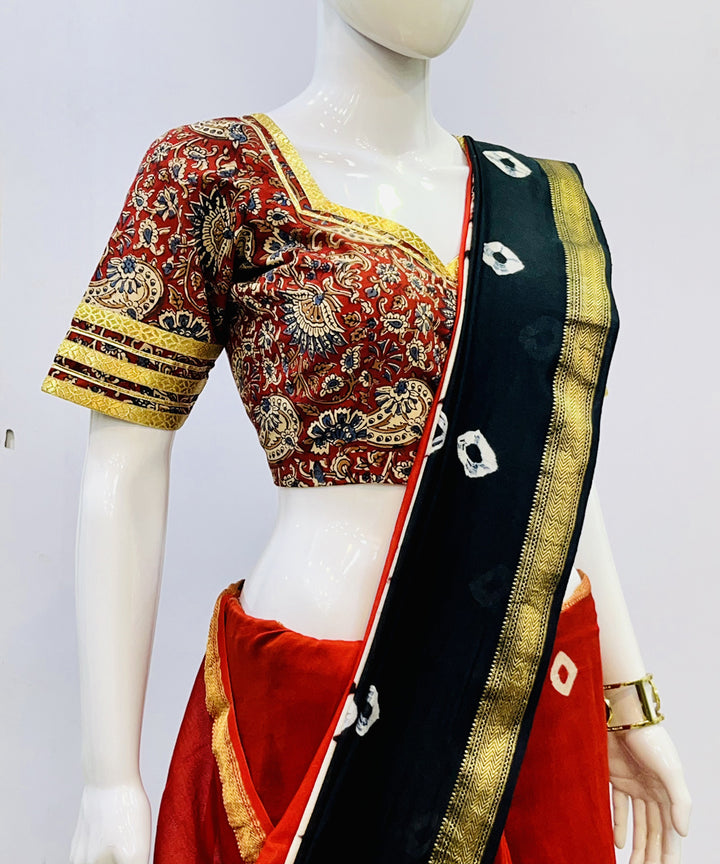 Red yellow kalamkari handblock printed cotton blouse