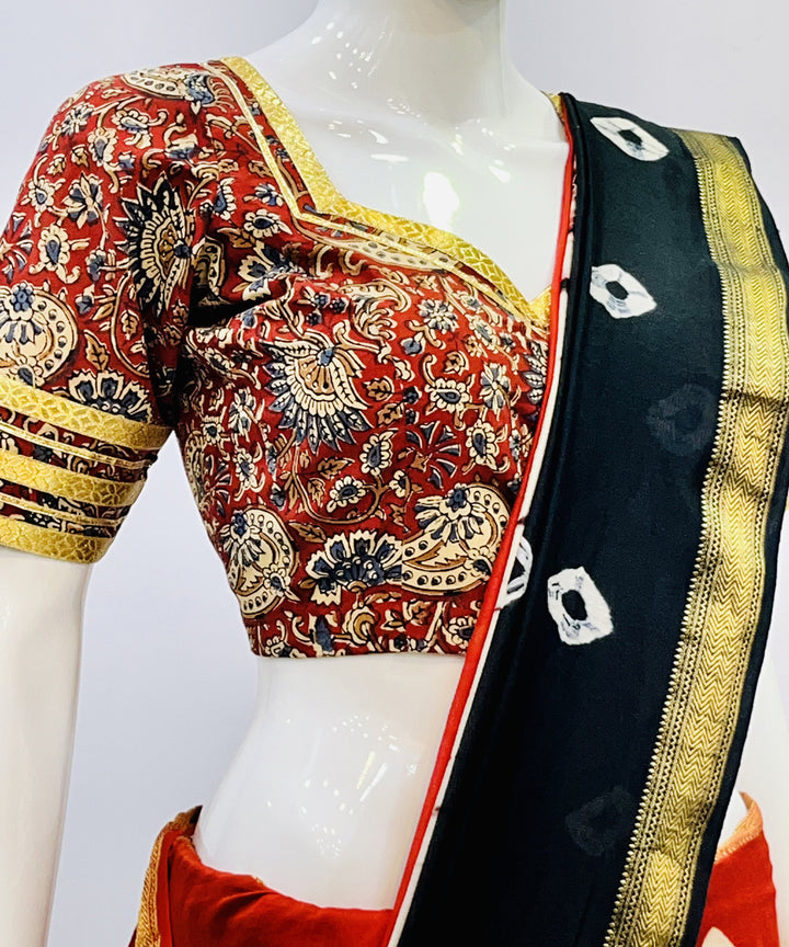 Red yellow kalamkari handblock printed cotton blouse