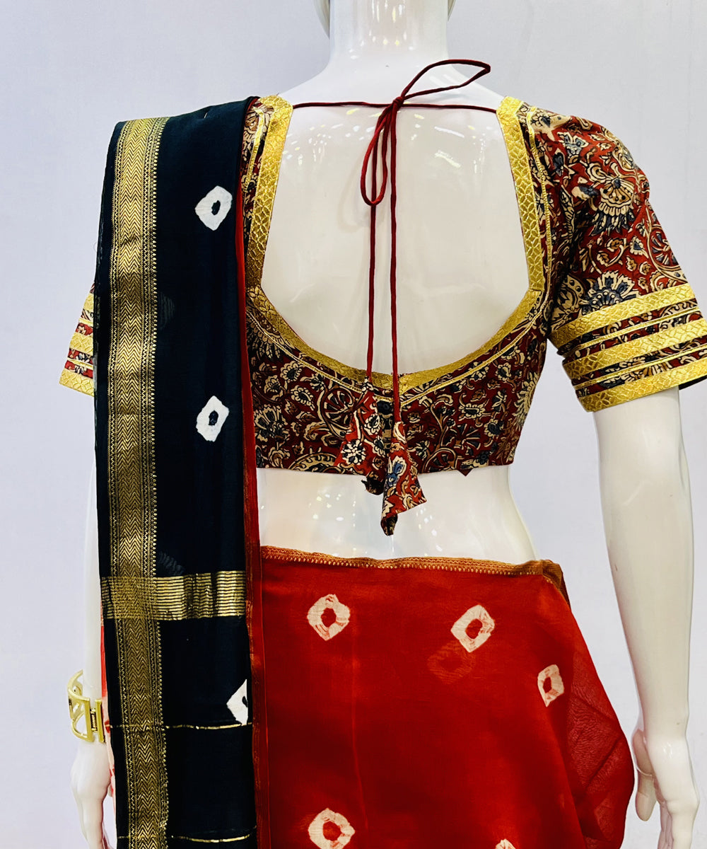 Red yellow kalamkari handblock printed cotton blouse