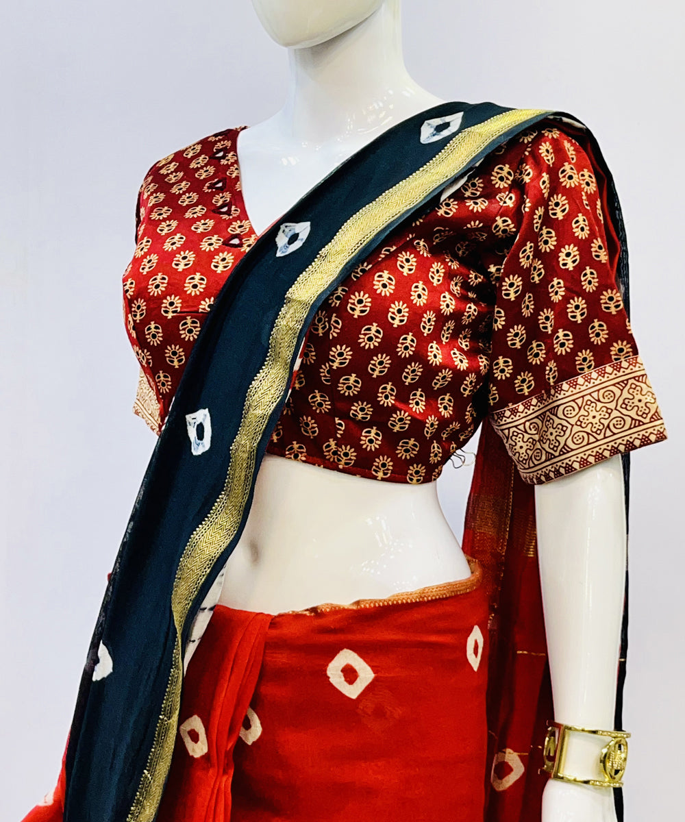 Red beige mashru silk with mirror work blouse