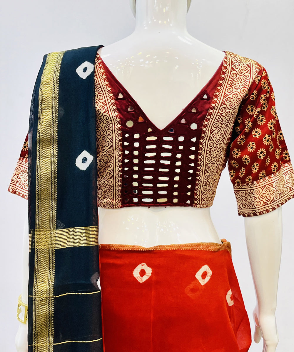 Red beige mashru silk with mirror work blouse