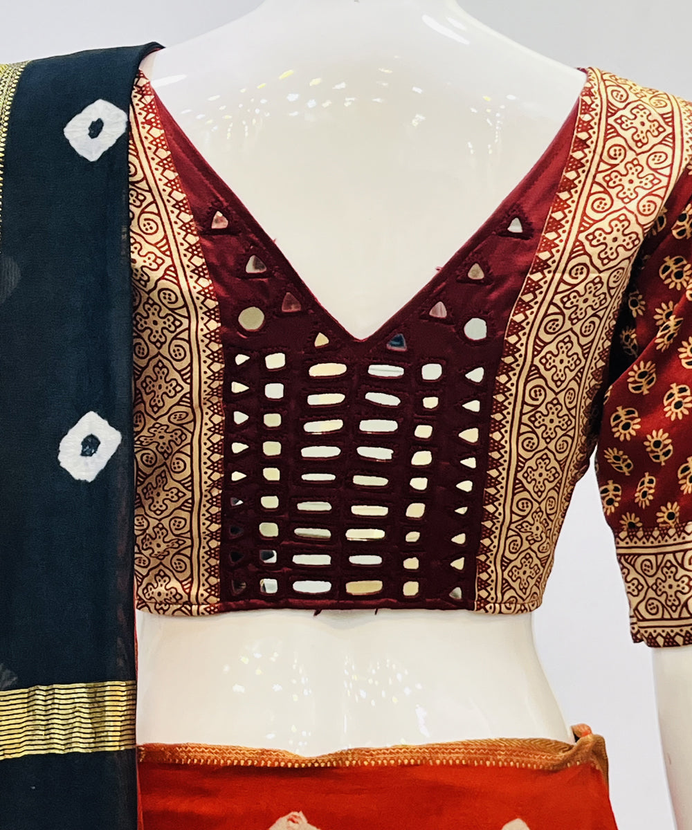 Red beige mashru silk with mirror work blouse