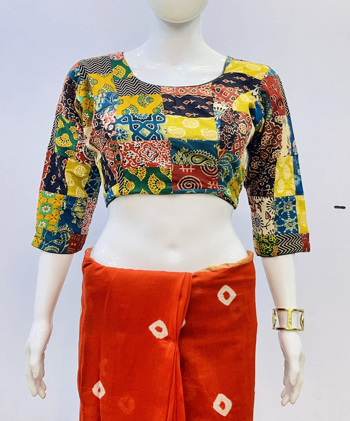 Red yellow ajrakh patch work cotton blouse