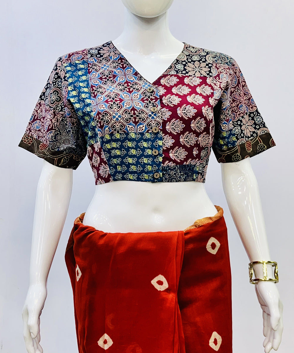 Blue red ajrakh cotton patch work blouse