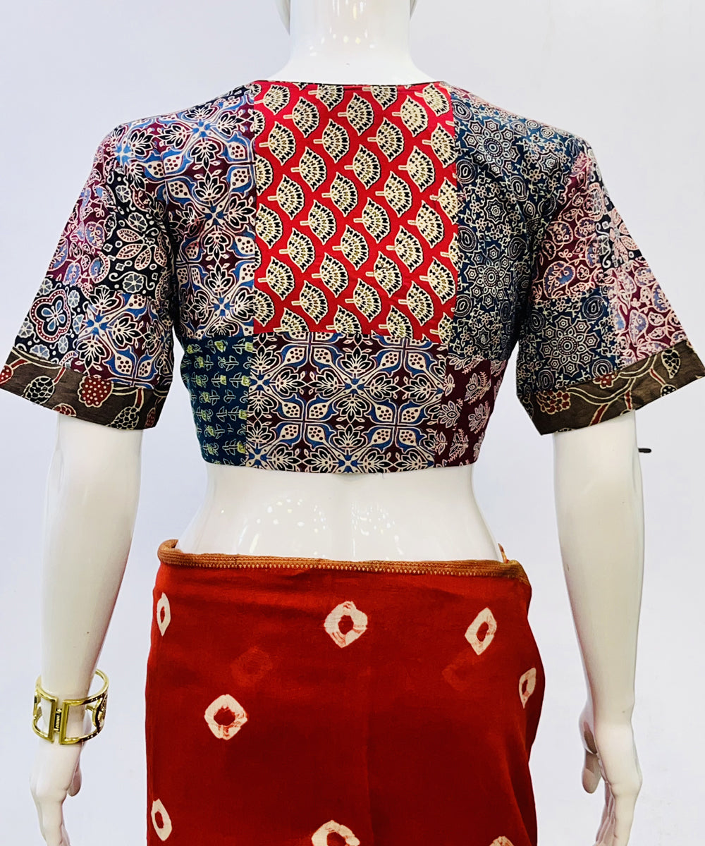 Blue red ajrakh cotton patch work blouse