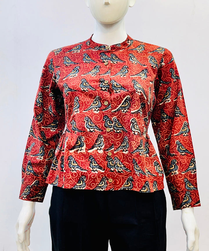 Red blue handblock printed cotton top