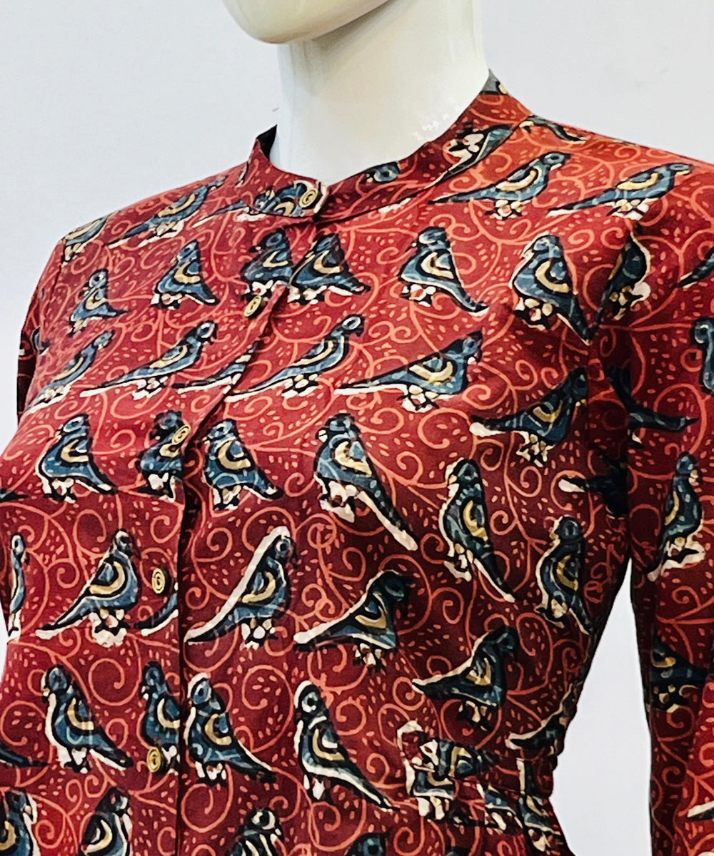 Red blue handblock printed cotton top