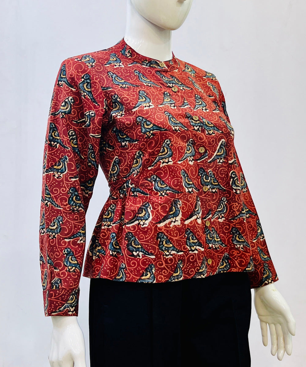 Red blue handblock printed cotton top