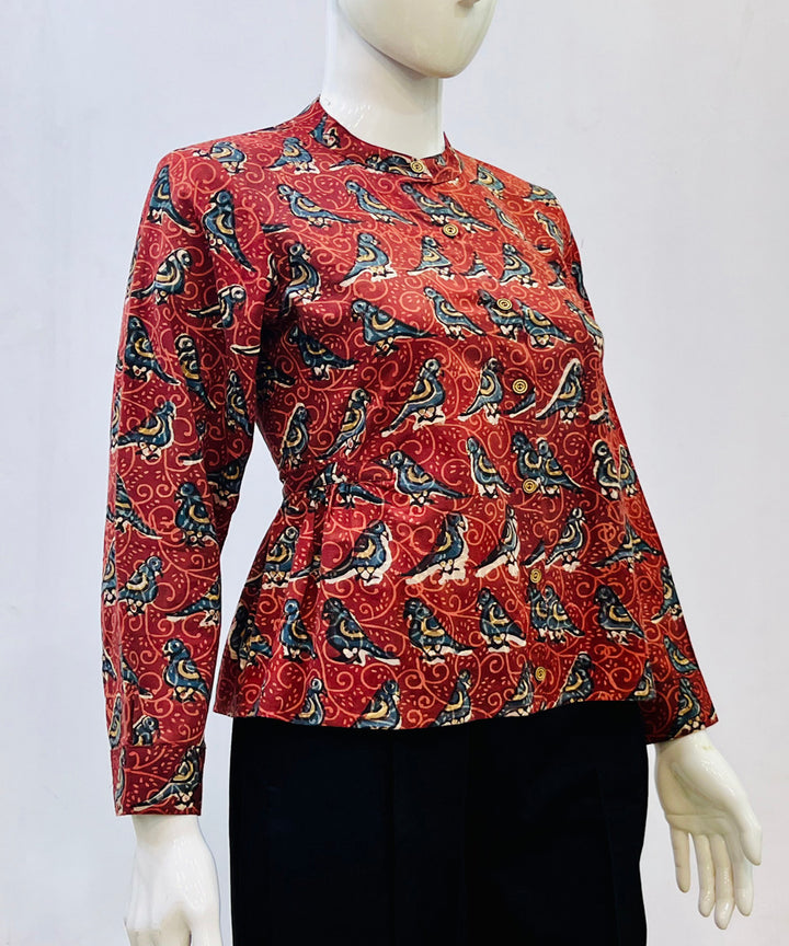 Red blue handblock printed cotton top