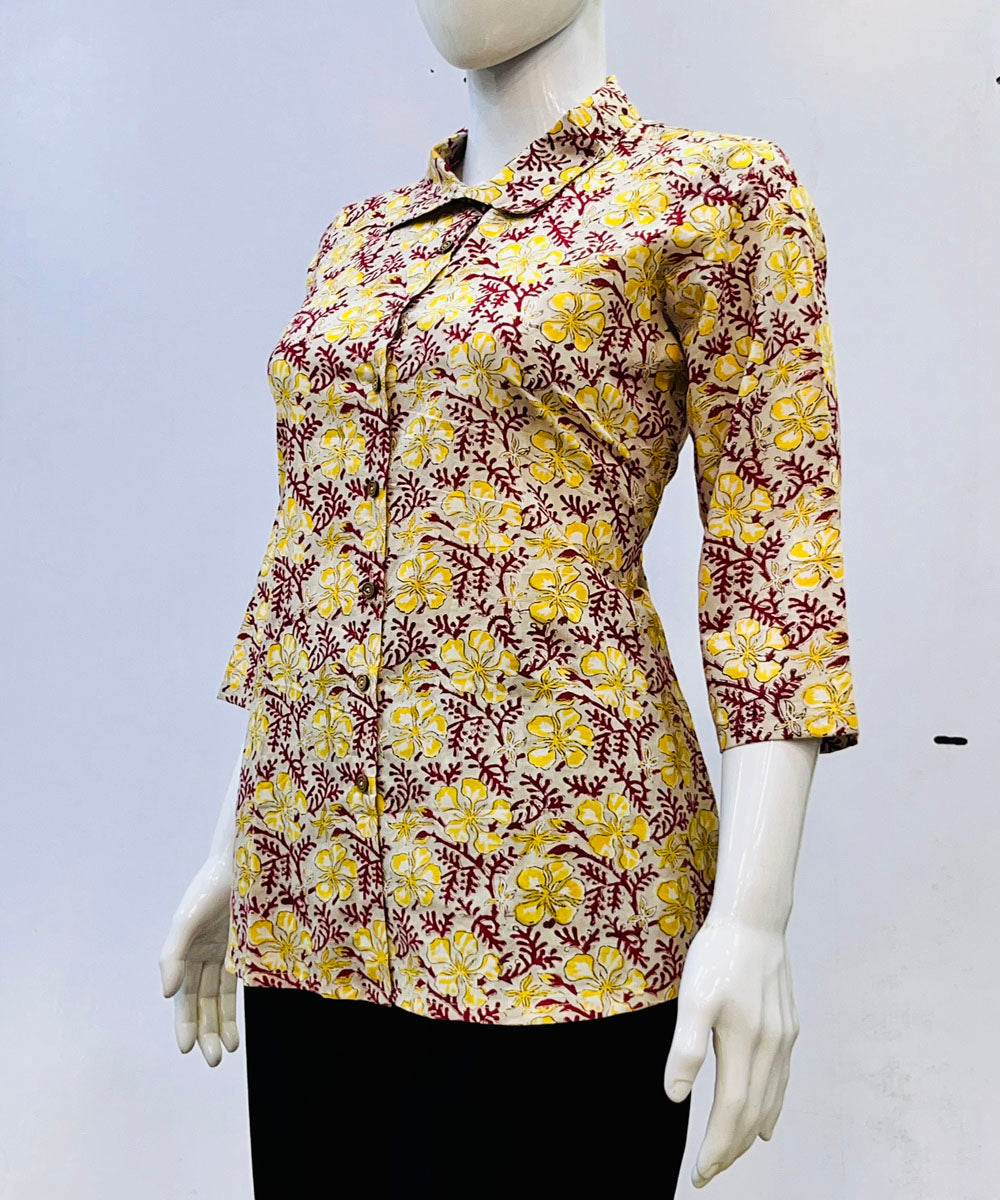 Yellow sanganeri handblock printed cotton top