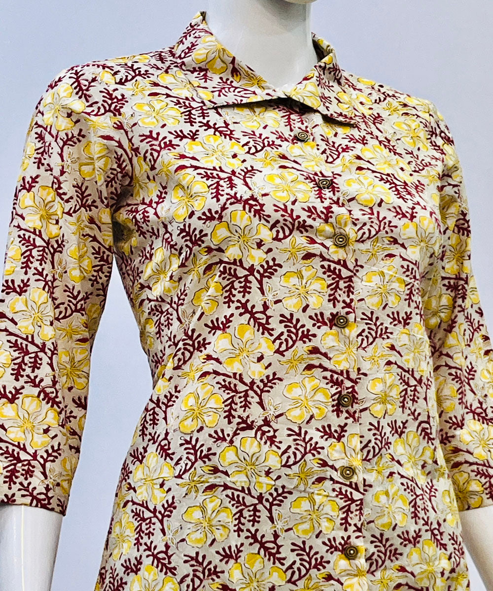 Yellow sanganeri handblock printed cotton top