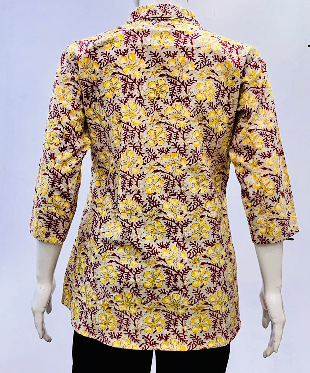 Yellow sanganeri handblock printed cotton top