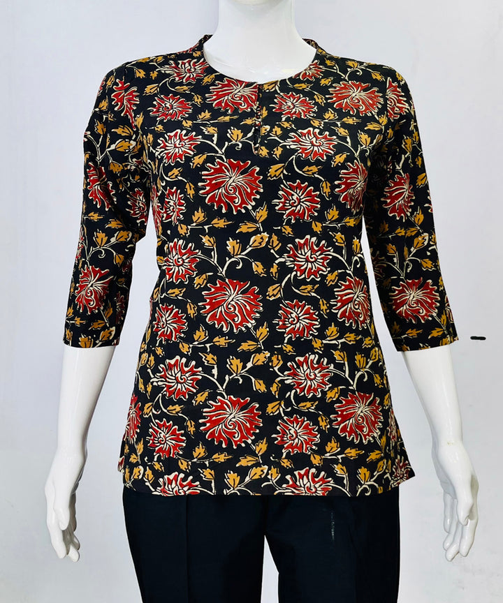 Black red kalamkari handblock printed cotton top
