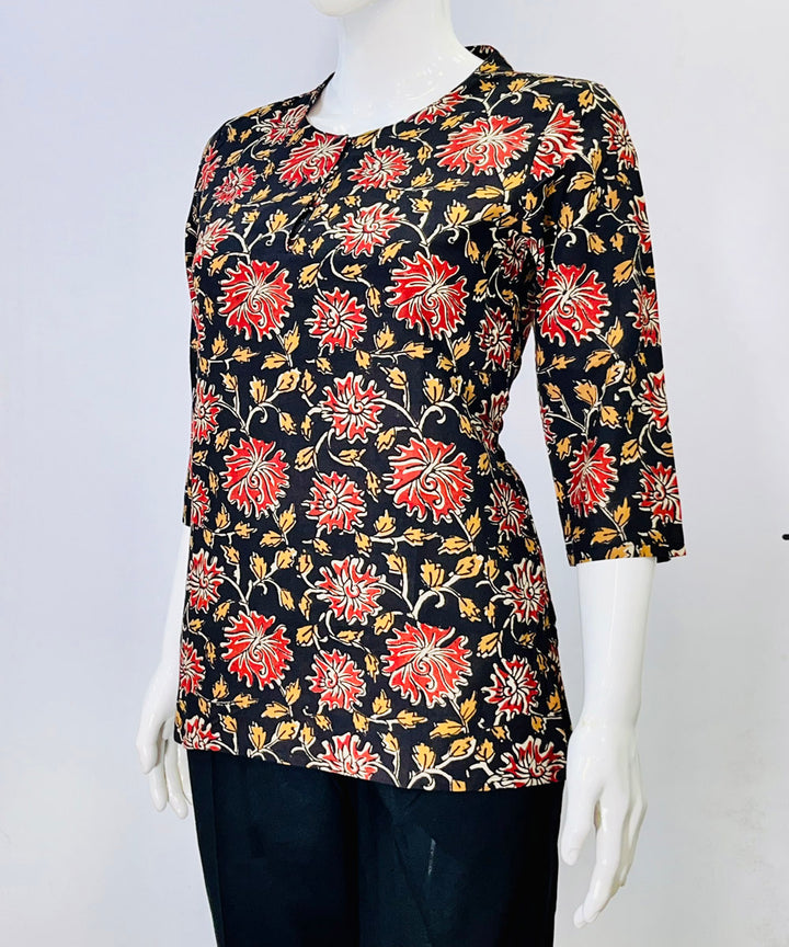 Black red kalamkari handblock printed cotton top