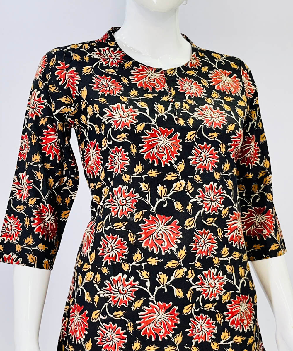 Black red kalamkari handblock printed cotton top