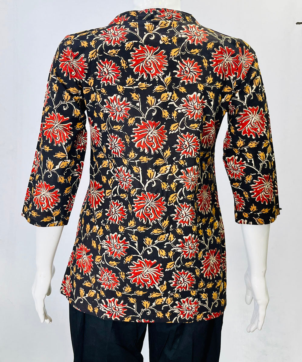 Black red kalamkari handblock printed cotton top