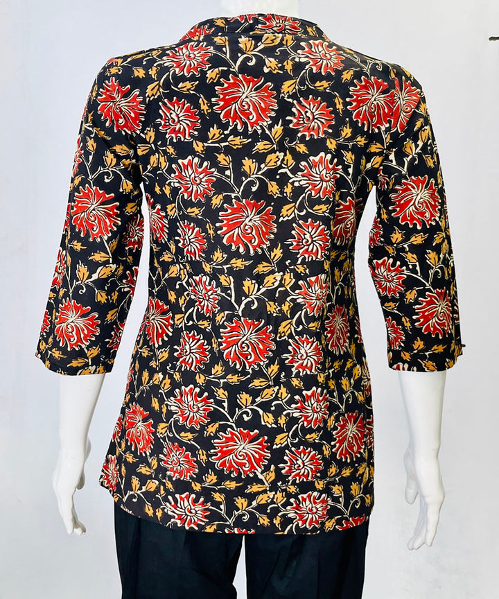 Black red kalamkari handblock printed cotton top