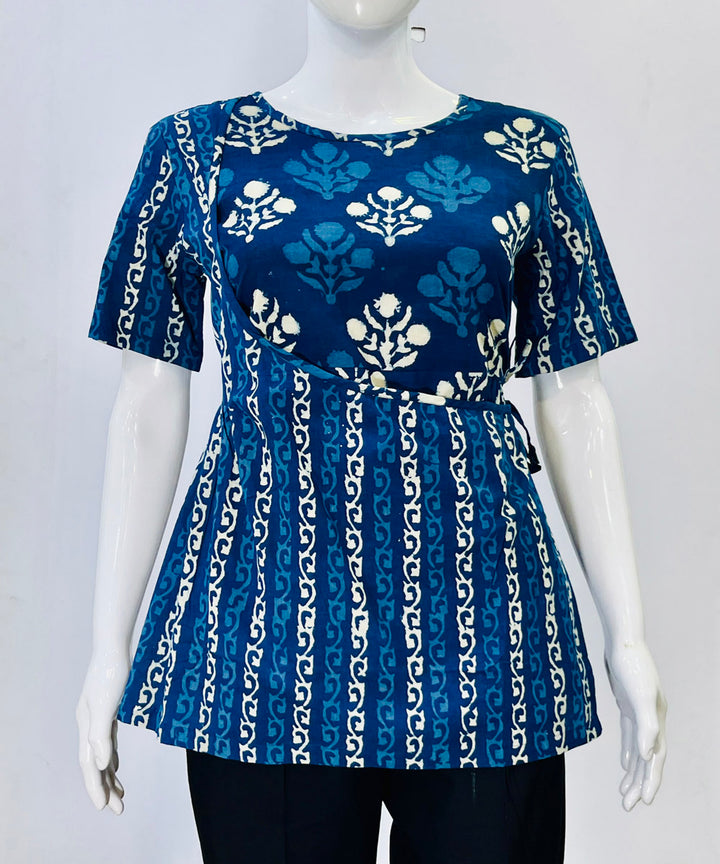 Indigo dyed cotton handblock printed top
