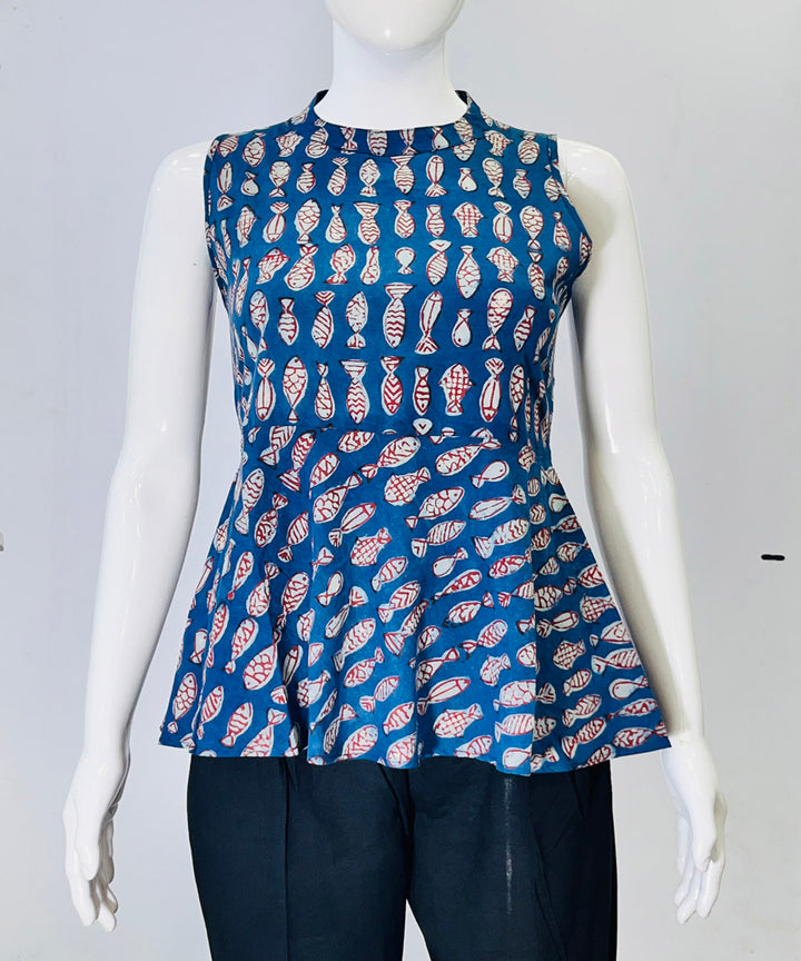 Indigo dyed handblock printed cotton top