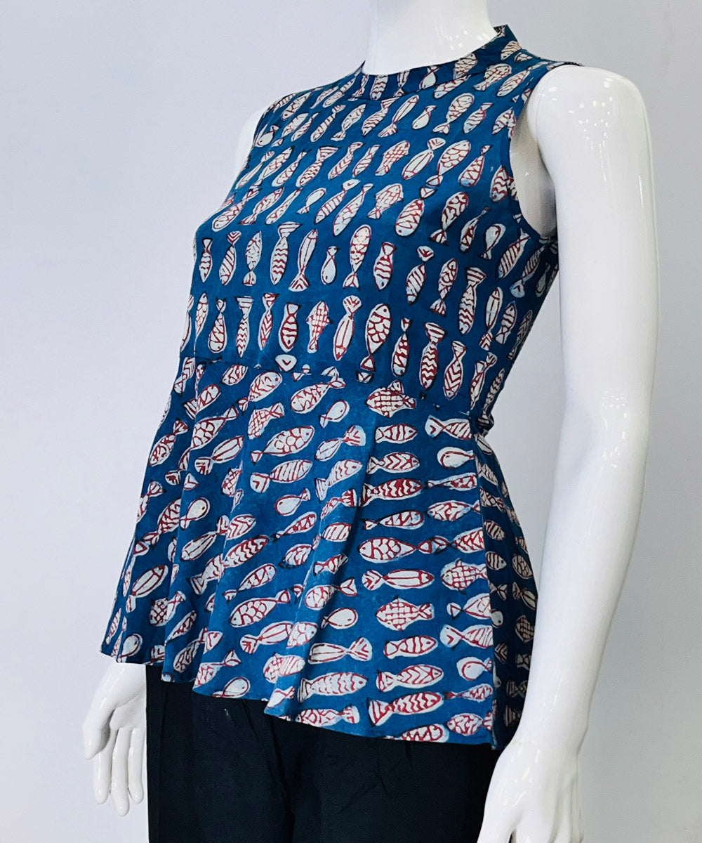 Indigo dyed handblock printed cotton top