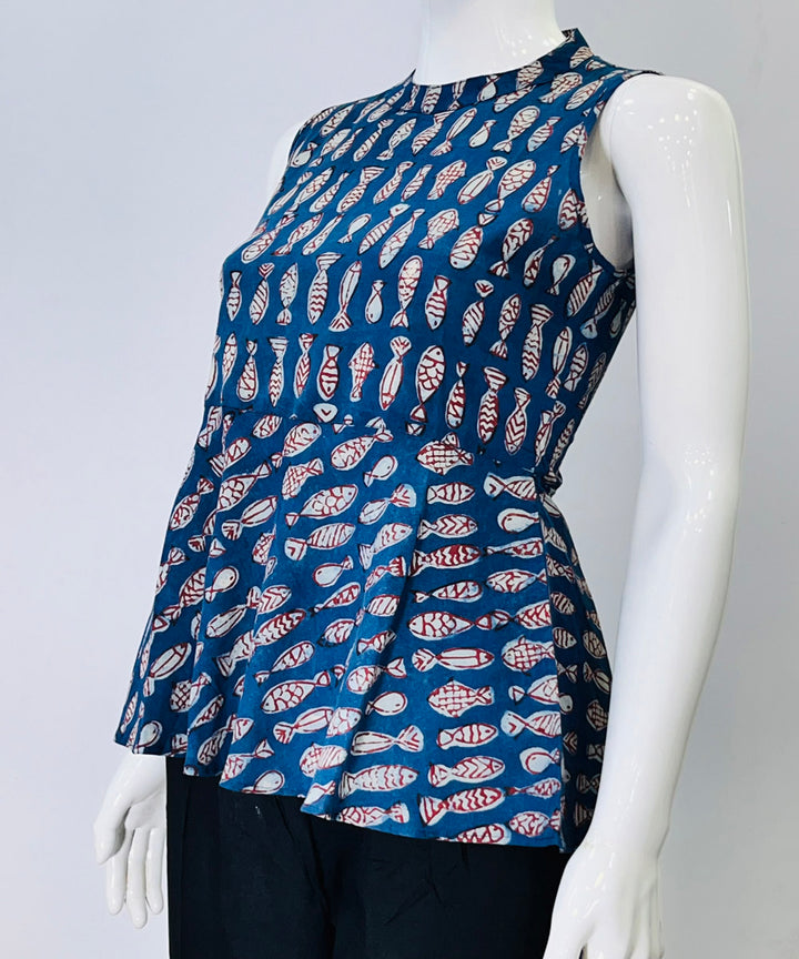 Indigo dyed handblock printed cotton top