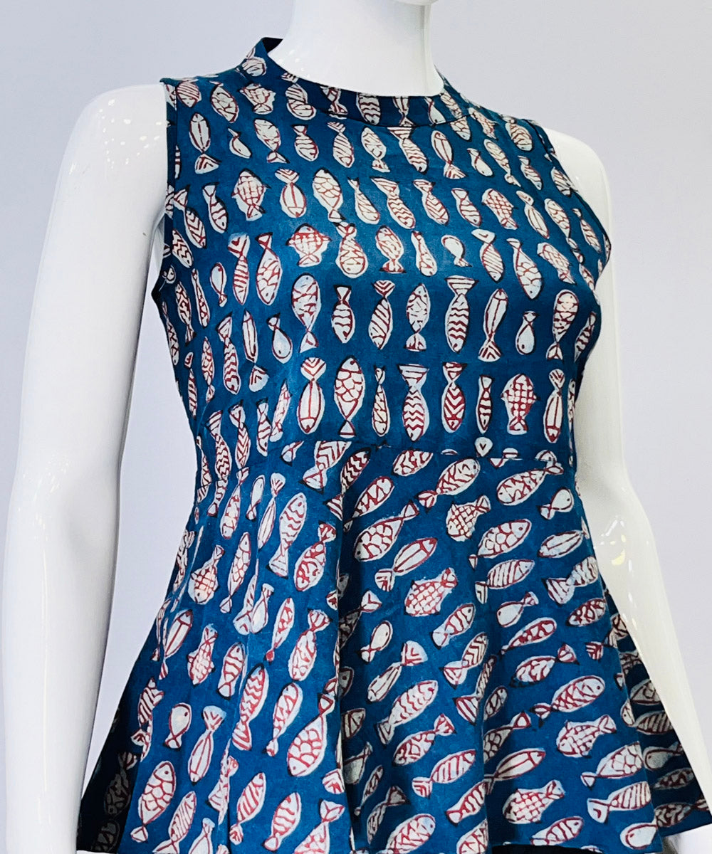 Indigo dyed handblock printed cotton top