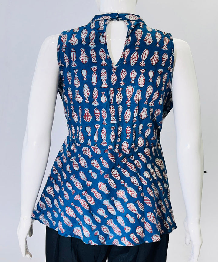 Indigo dyed handblock printed cotton top