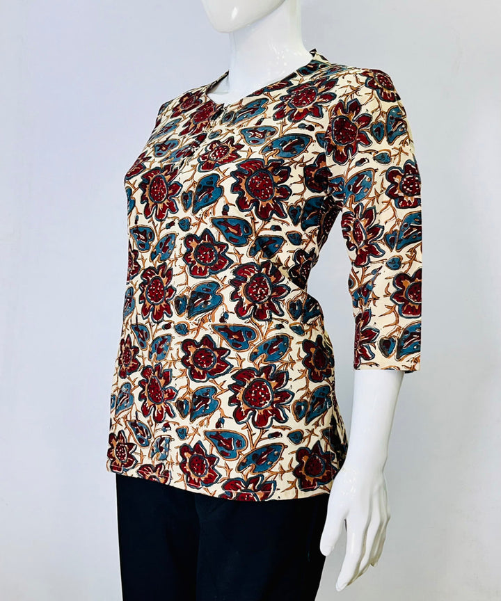 Beige red kalamkari handblock printed cotton top