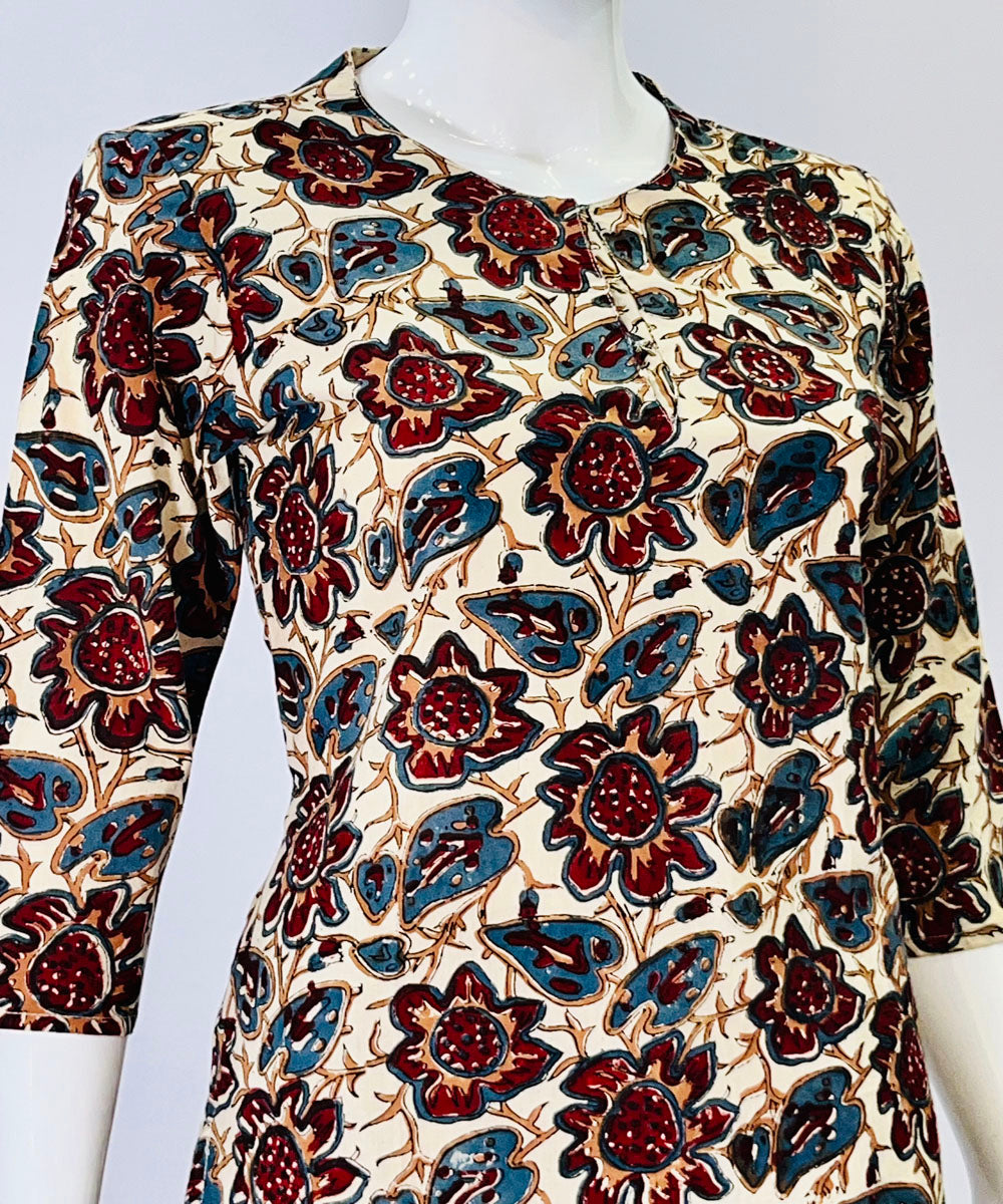 Beige red kalamkari handblock printed cotton top