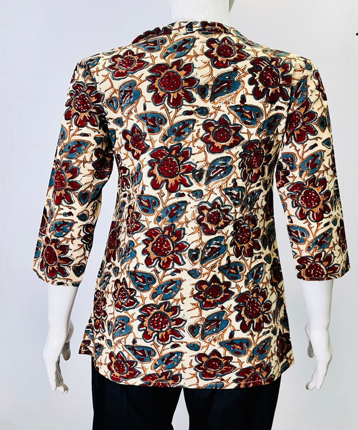 Beige red kalamkari handblock printed cotton top
