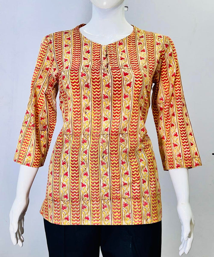 Yellow red kalamkari handblock printed cotton top