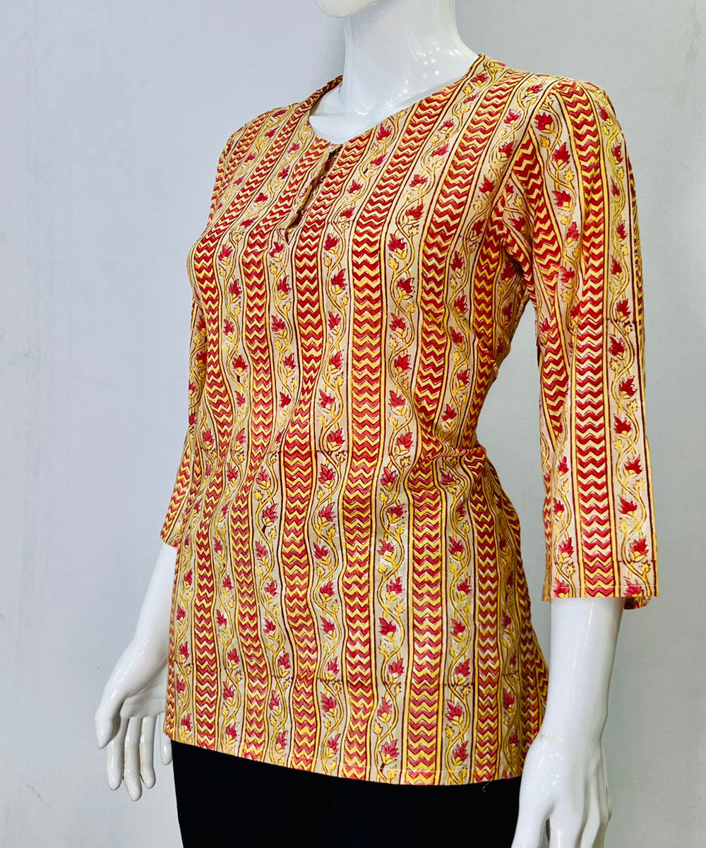Yellow red kalamkari handblock printed cotton top