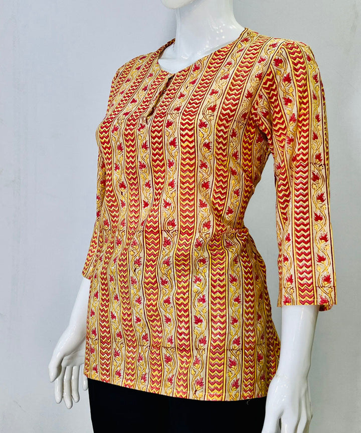 Yellow red kalamkari handblock printed cotton top